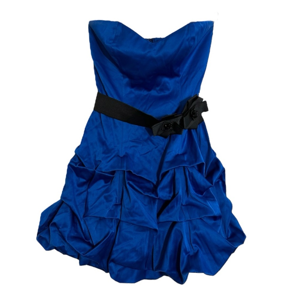 Ruby Rox Blue Black Strapless Ruffle Skirt Party Dress Bow Y2K Size 5 (Juniors)